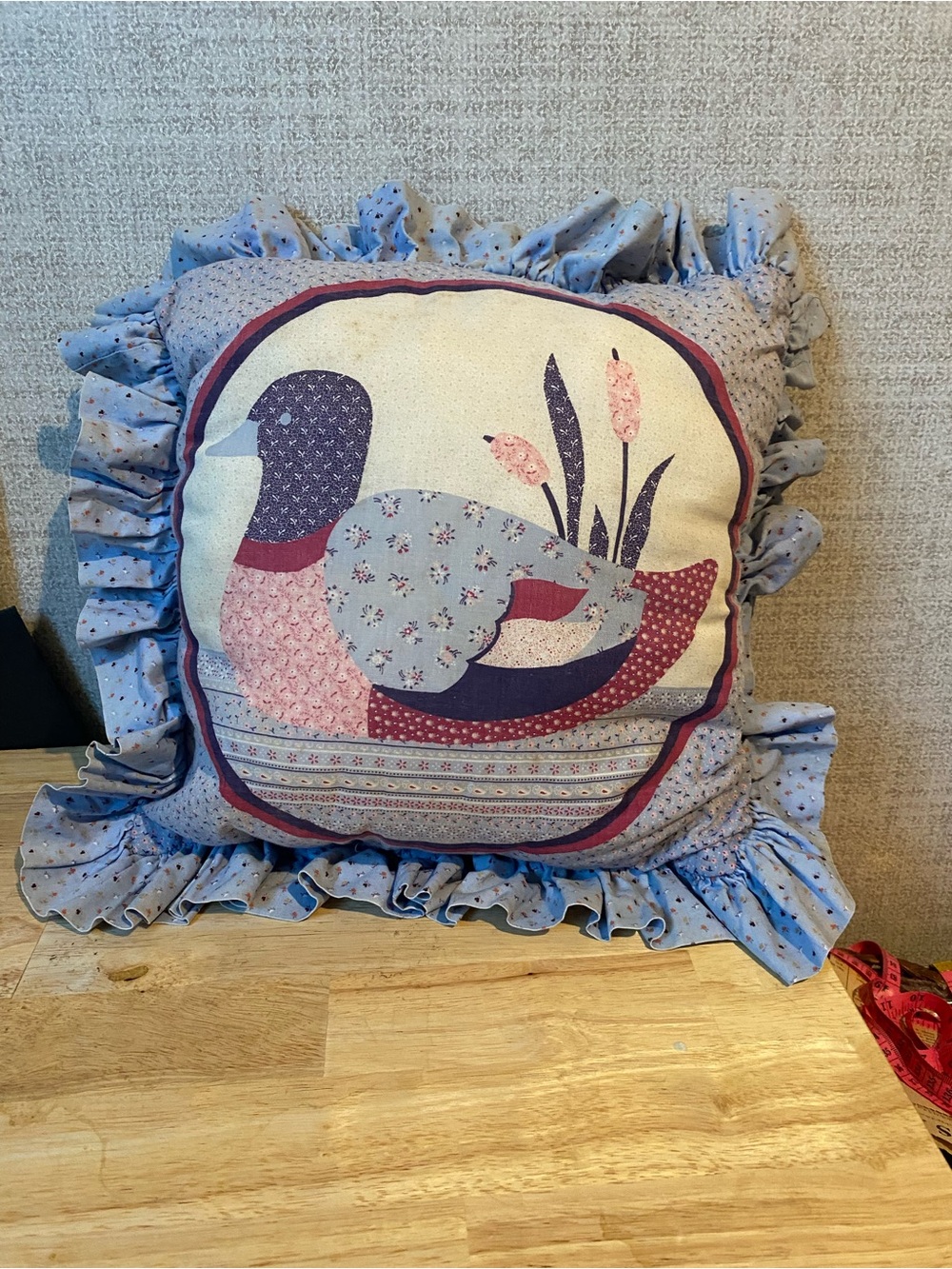 Source Unknown Blue and Pink Quilted Duck Accent Pillow with Ruffle Trim